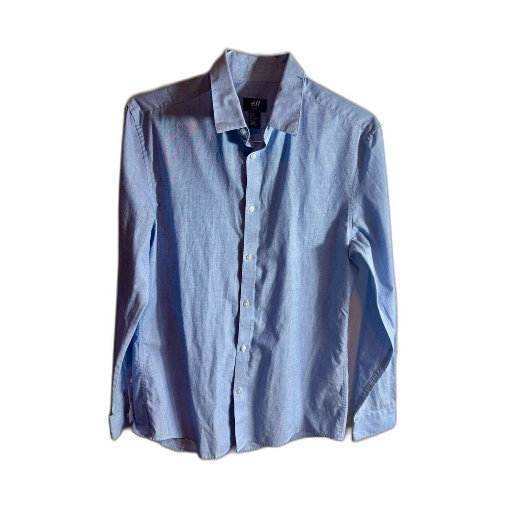 H&M Slim Fit Easy Care Cotton Solid Blue Long Sleeve Dress Shirt Men’s M